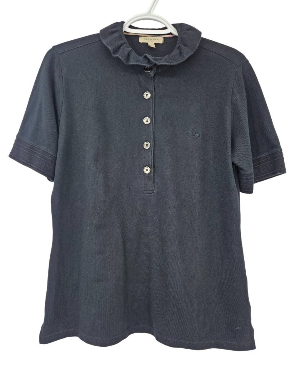 Burberry London Ruffle Collar Polo Shirt Black Women's XL Short Sleeve Preppy